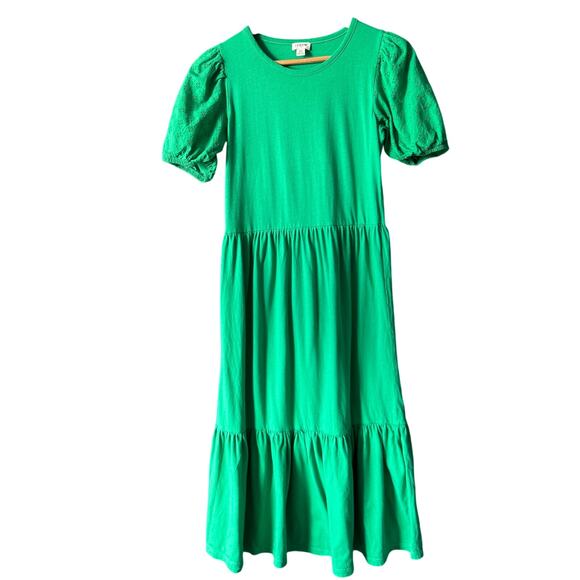 J.Crew Dress Womans XS‎ Green Eyelet Puff Short Sleeve Tiered Midi Casual Summer - Picture 1 of 8